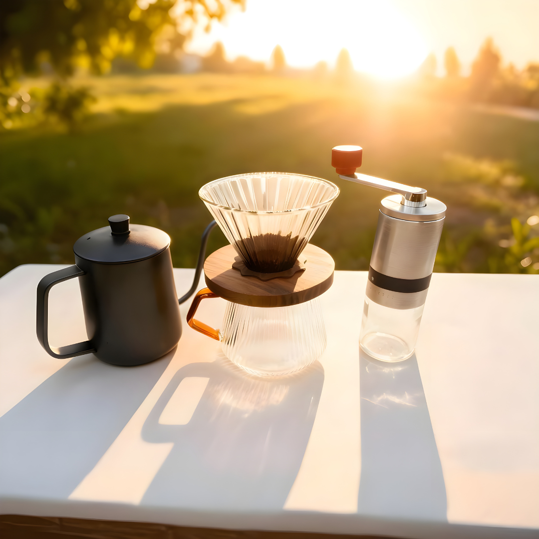 Premium pour-over coffee set with kettle, grinder, dripper, and accessories in gift box.
