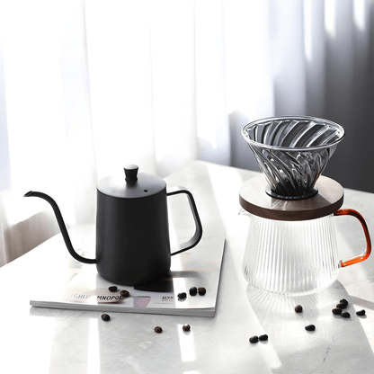 Premium pour-over coffee set with kettle, grinder, dripper, and accessories in gift box.