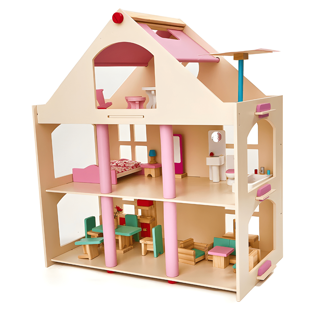 Wooden Dollhouse with Full Furniture Set – 3-Level Playhouse for Girls