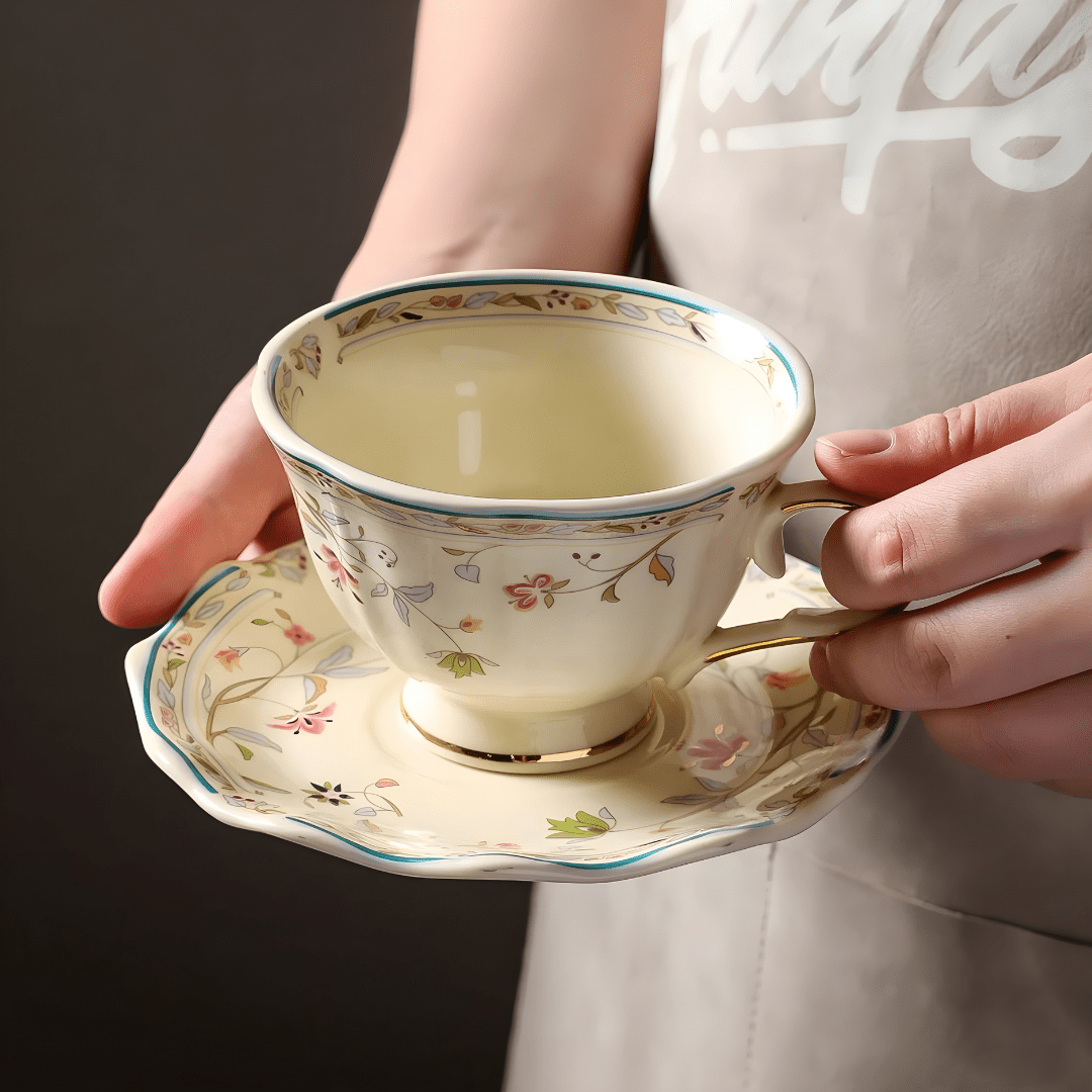 Luxury ceramic coffee cup and saucer with gold floral rim – 250ml, available in Beirut Lebanon