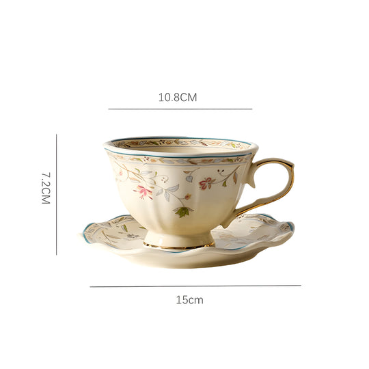 European Retro Ceramic Coffee Cup & Saucer – 250ml, Gold-Edged Floral Design
