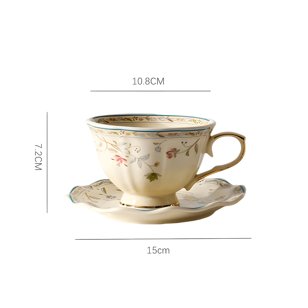 European Retro Ceramic Coffee Cup & Saucer – 250ml, Gold-Edged Floral Design