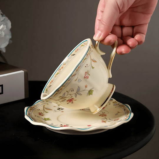 Luxury ceramic coffee cup and saucer with gold floral rim – 250ml, available in Beirut Lebanon