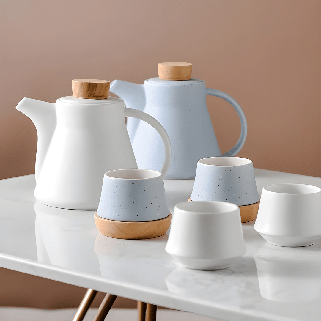 Nordic Matte Porcelain Tea Set – 750ml Teapot with 4 Cups, Infuser & Wooden Coasters