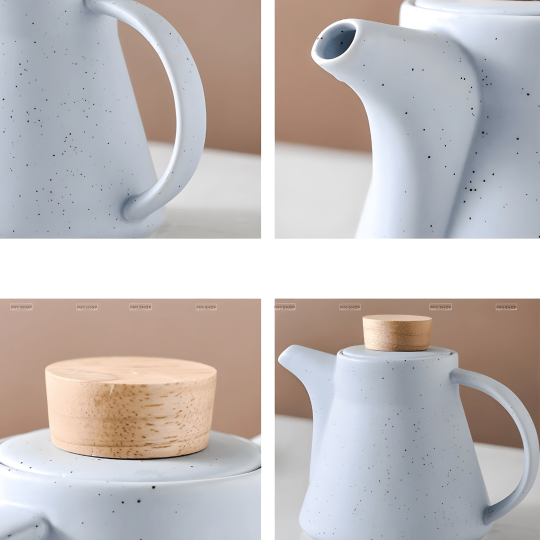 Nordic Matte Porcelain Tea Set – 750ml Teapot with 4 Cups, Infuser & Wooden Coasters