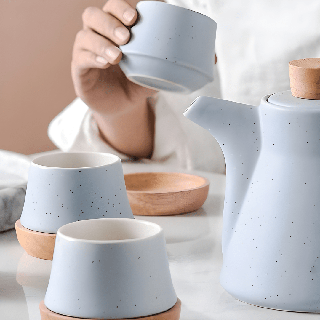 Nordic Matte Porcelain Tea Set – 750ml Teapot with 4 Cups, Infuser & Wooden Coasters