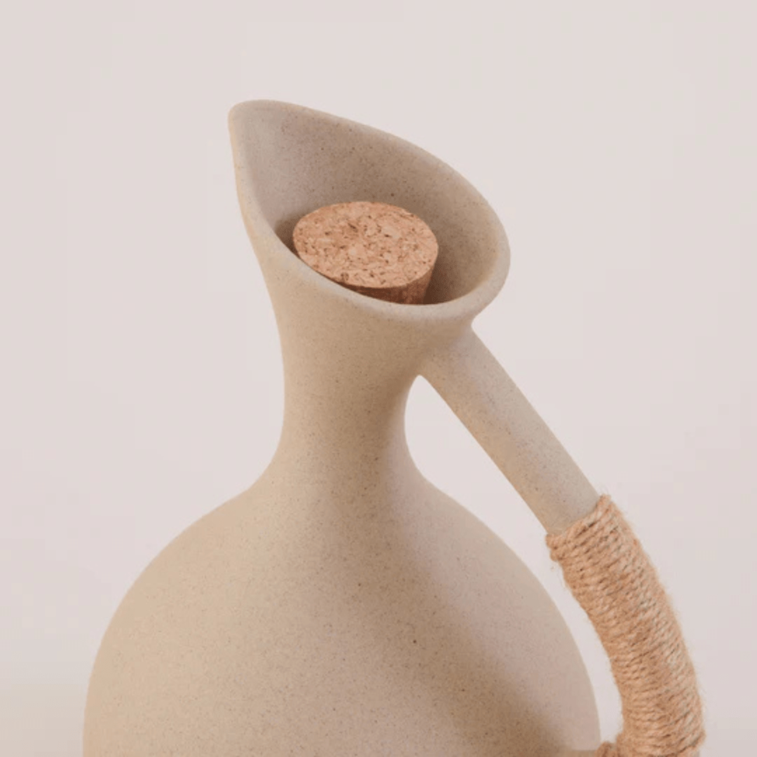 Handmade Pottery Jug and Cups Set with Wooden Saucers – 9-Piece Ceramic Drinkware