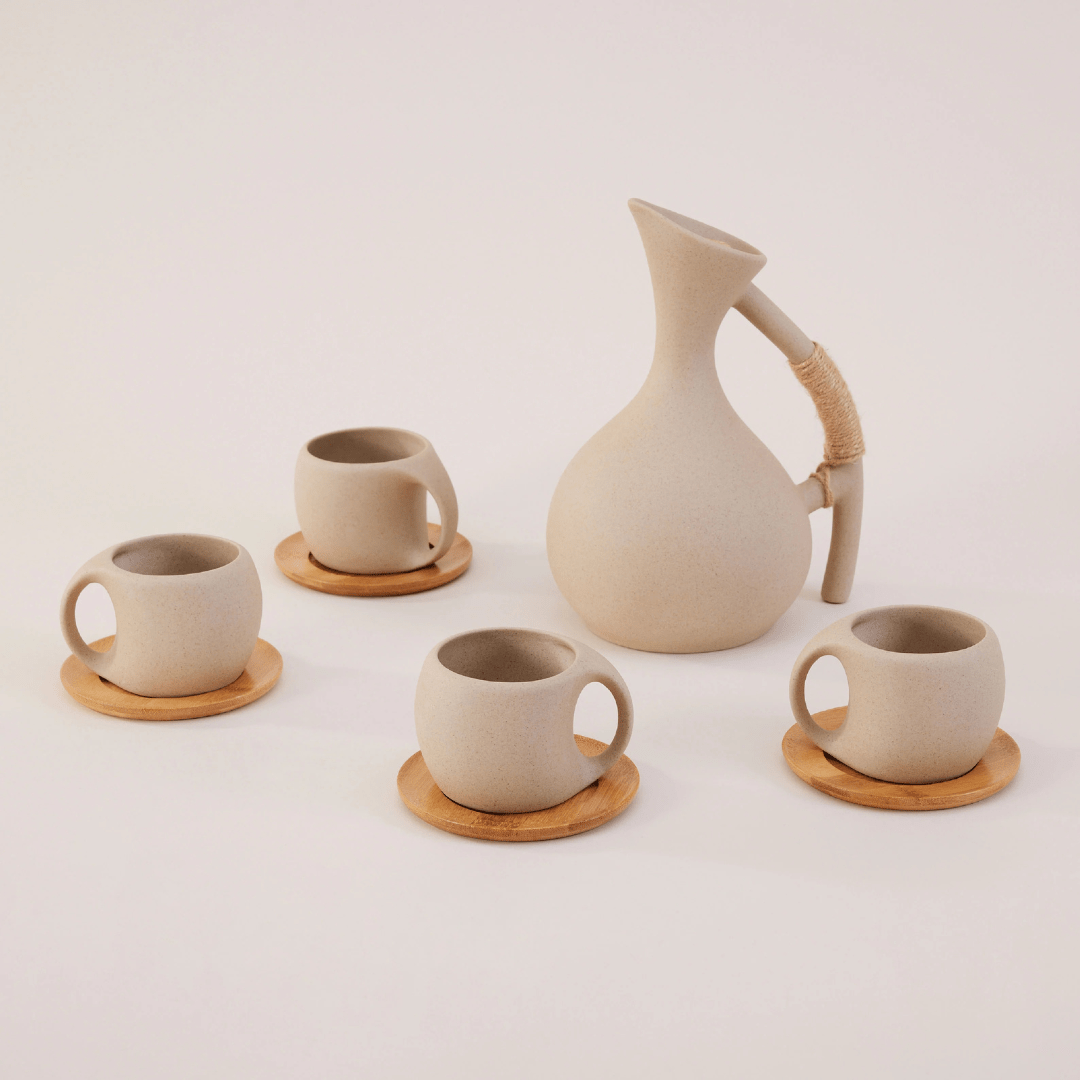 Handmade Pottery Jug and Cups Set with Wooden Saucers – 9-Piece Ceramic Drinkware