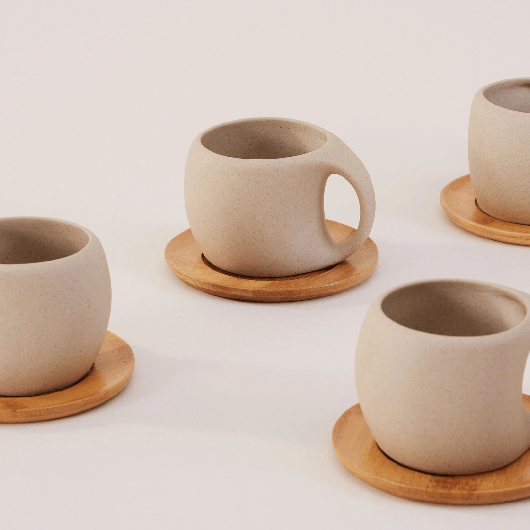 Handmade Pottery Jug and Cups Set with Wooden Saucers – 9-Piece Ceramic Drinkware