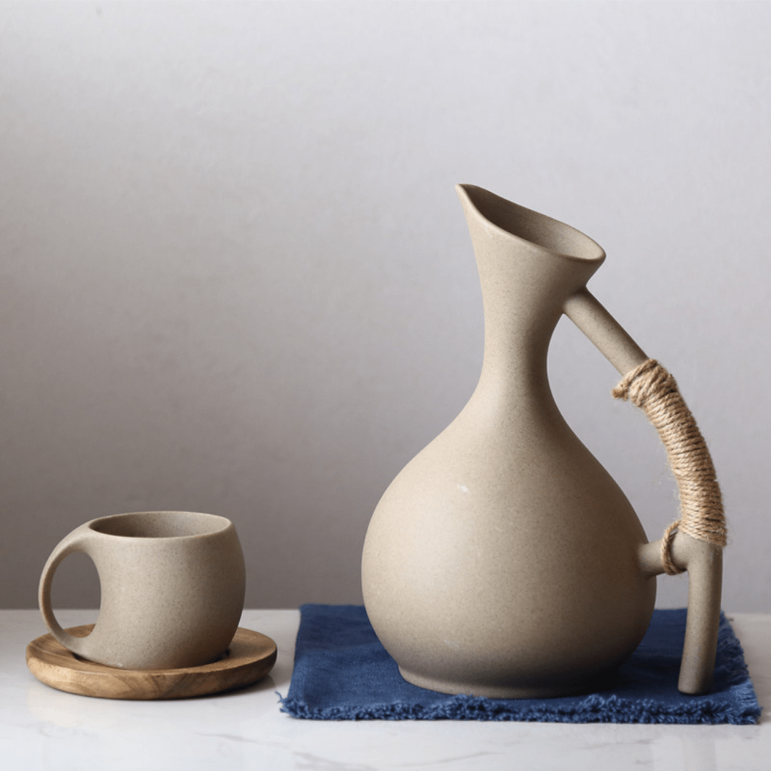 Handmade Pottery Jug and Cups Set with Wooden Saucers – 9-Piece Ceramic Drinkware