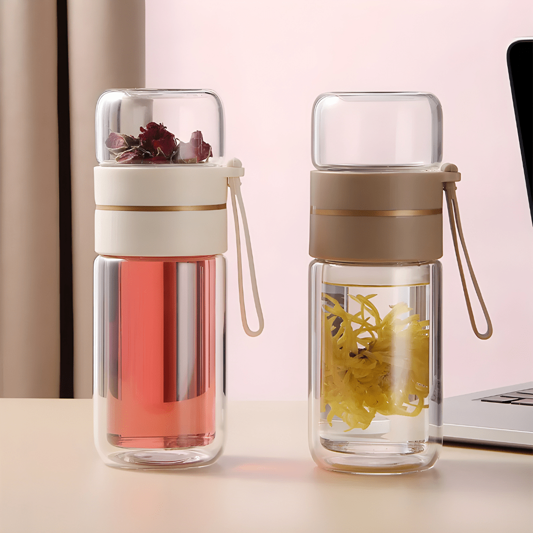 400ml Double-Layer Glass Tea Infuser Bottle with Portable Handle – Heat-Resistant Design