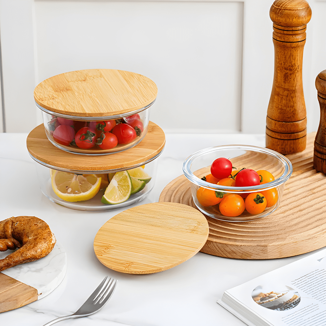 3-Piece High Borosilicate Glass Food Storage Containers with Bamboo Lids – Leakproof and Heat-Resistant