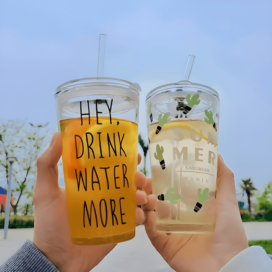 450ml Reusable Thick Glass Tumbler with Lid and Straw – “Hey, Drink Water More” & Cactus Summer Designs