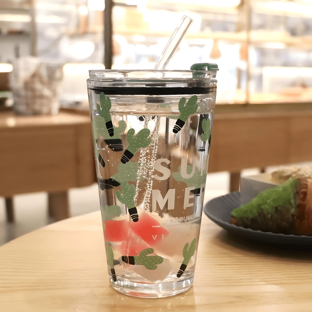 450ml Reusable Thick Glass Tumbler with Lid and Straw – “Hey, Drink Water More” & Cactus Summer Designs