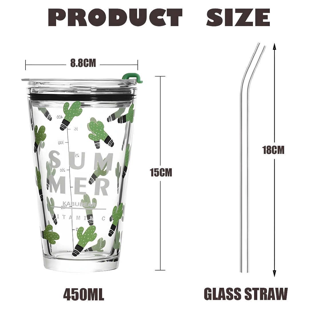 450ml Reusable Thick Glass Tumbler with Lid and Straw – “Hey, Drink Water More” & Cactus Summer Designs