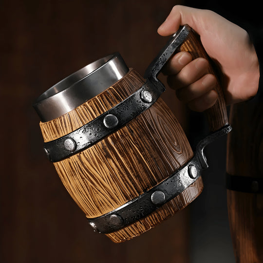600ml Wooden Barrel Beer Mug with Stainless Steel Liner – Vintage Tankard Style