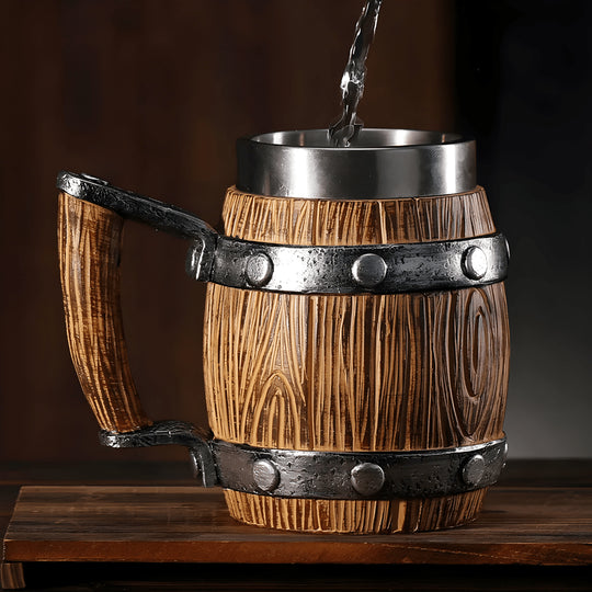 600ml Wooden Barrel Beer Mug with Stainless Steel Liner – Vintage Tankard Style