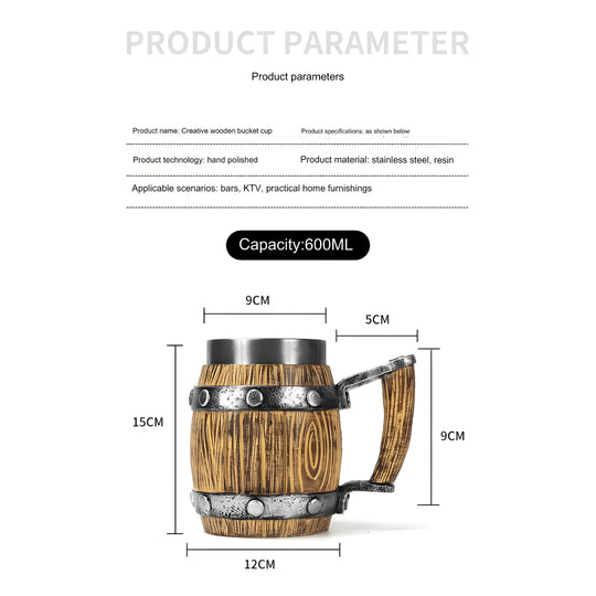 Vintage Wooden Barrel Mug – 600ml Resin & Stainless Steel Beer Tankard