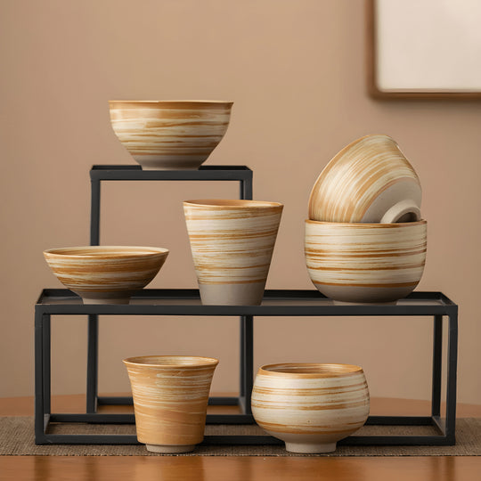 Handmade retro stoneware tea cup set of 7 pieces in warm earth tones, ideal for tea or coffee, displayed with size details – perfect for Beirut homes.