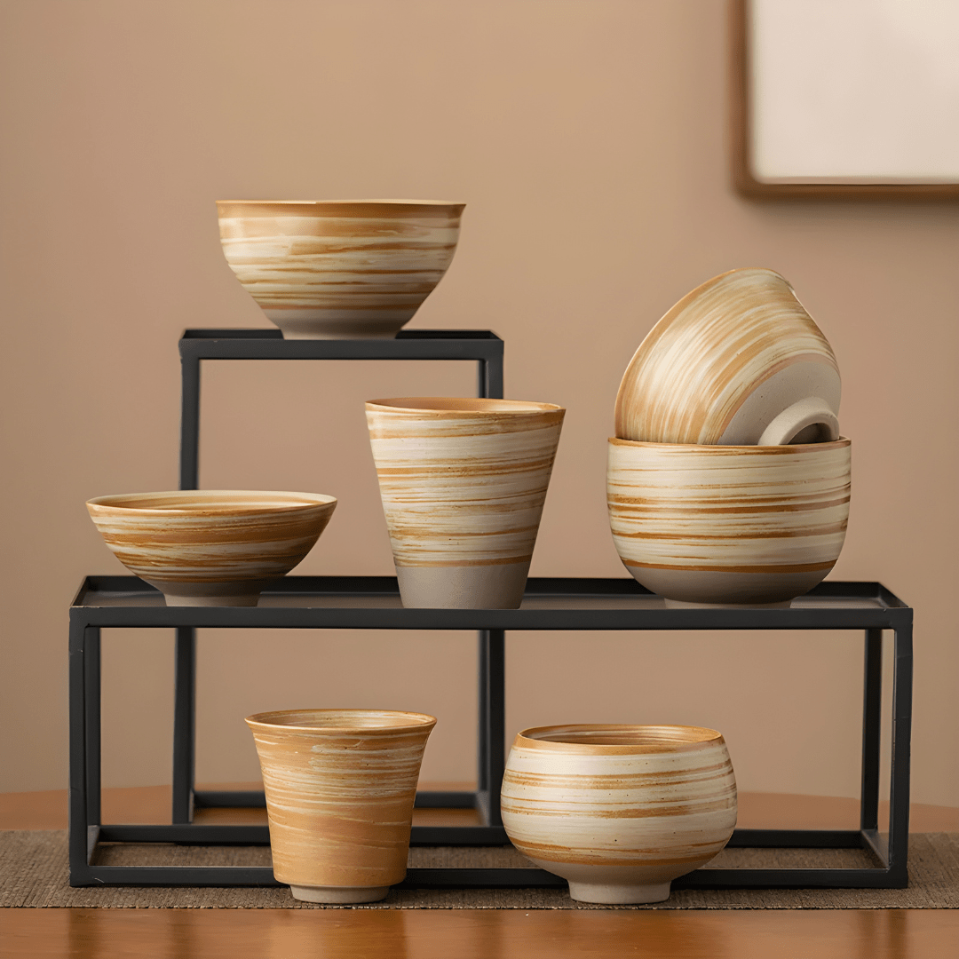 Handmade retro stoneware tea cup set of 7 pieces in warm earth tones, ideal for tea or coffee, displayed with size details – perfect for Beirut homes.