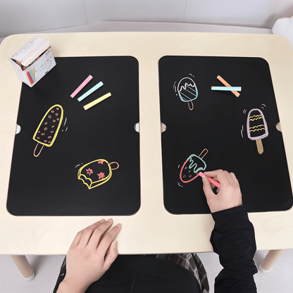 Montessori birch wood kids sensory activity table with storage bins and black-and-white drawing surface – available in Beirut, Lebanon.