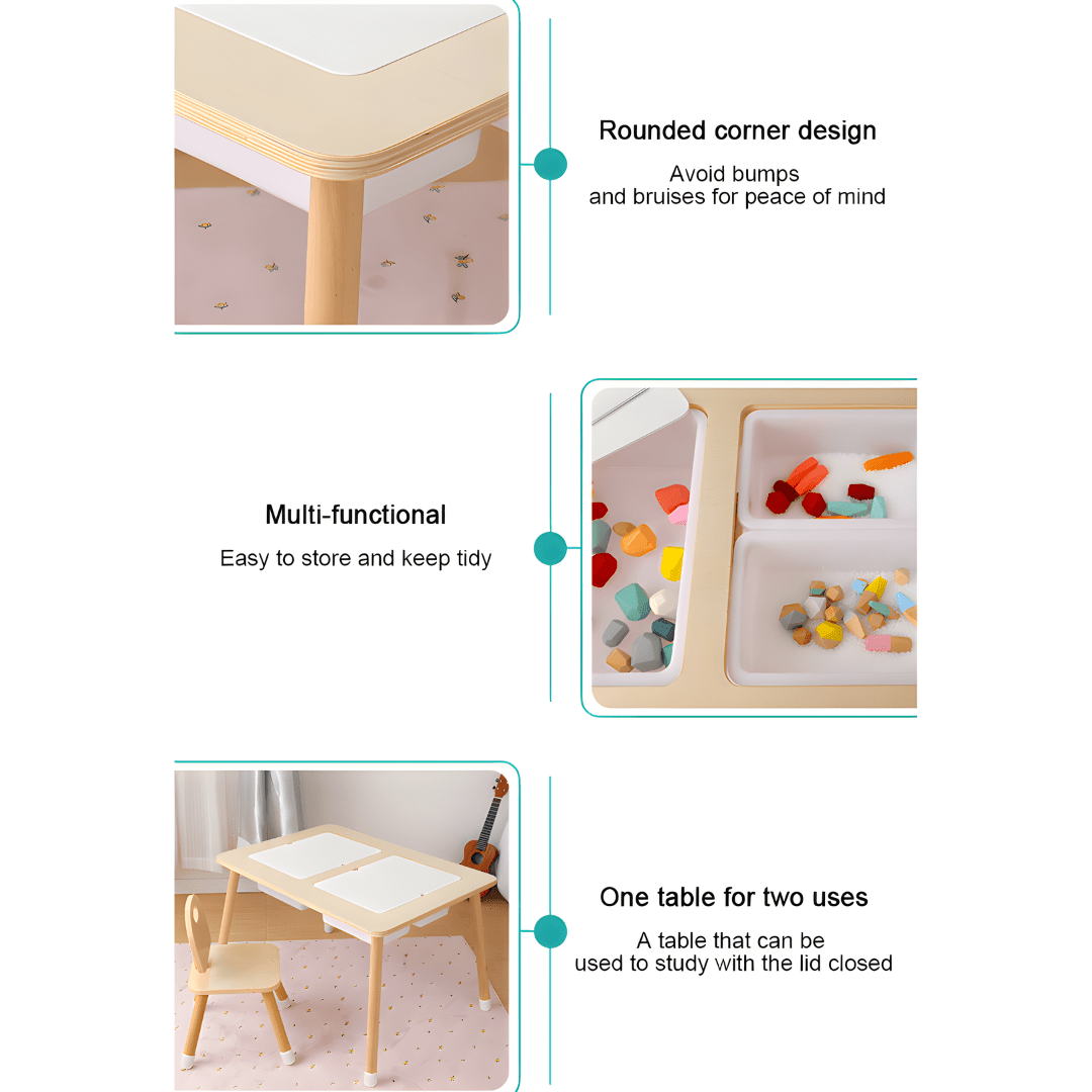 Montessori birch wood kids sensory activity table with storage bins and black-and-white drawing surface – available in Beirut, Lebanon.