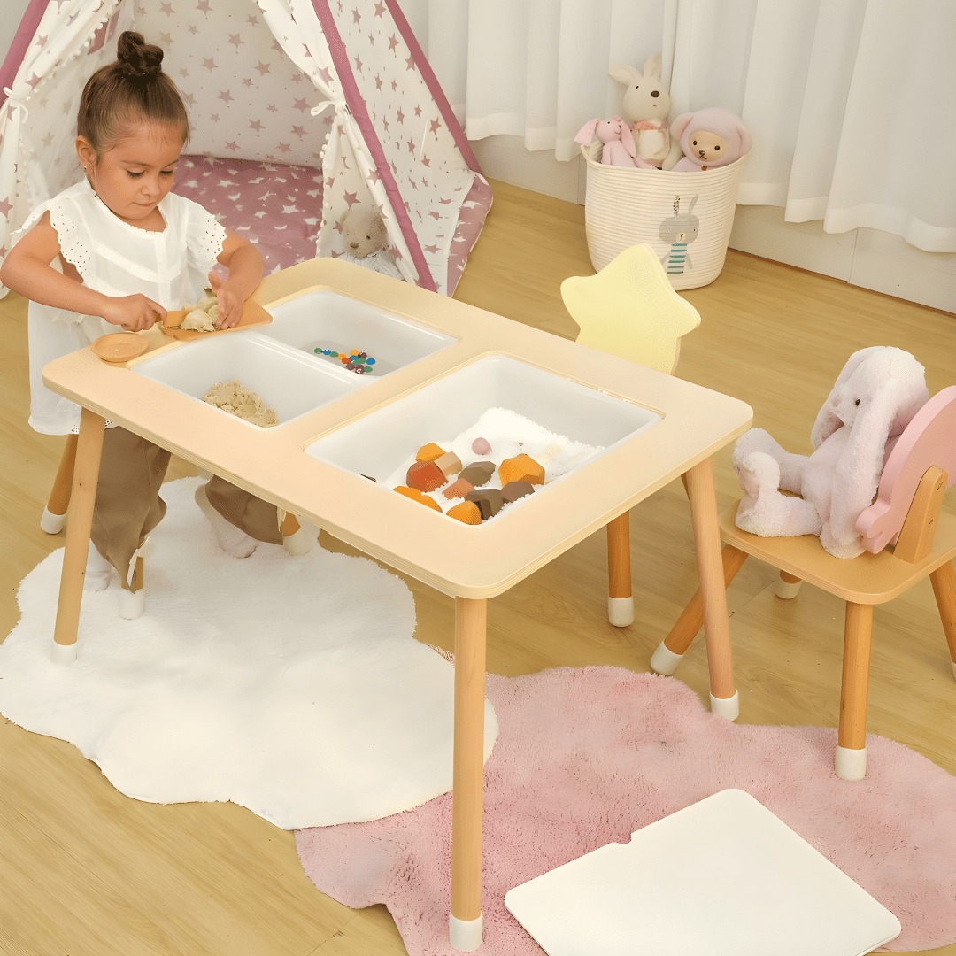 Montessori birch wood kids sensory activity table with storage bins and black-and-white drawing surface – available in Beirut, Lebanon.