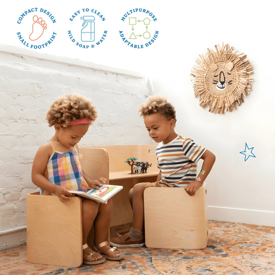 Multifunction birch wood Montessori table and chair set for kids – natural finish, safe design