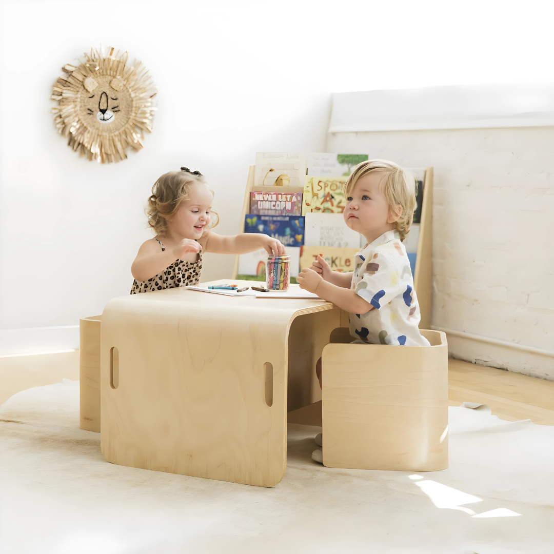Multifunction birch wood Montessori table and chair set for kids – natural finish, safe design