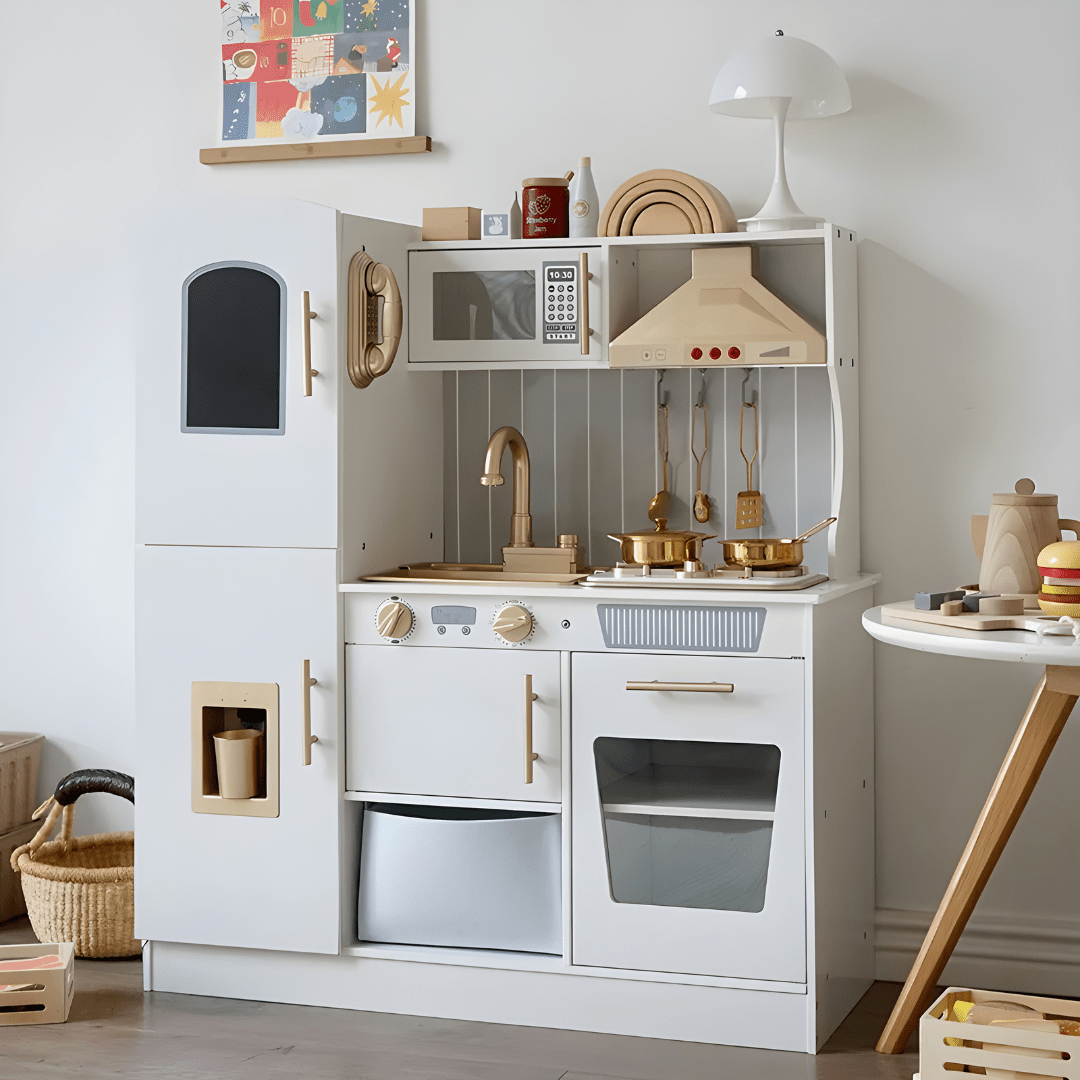 Wooden kids kitchen play set with running water, glowing stovetop, sound effects, and storage – ideal for ages 3+ in Beirut Lebanon