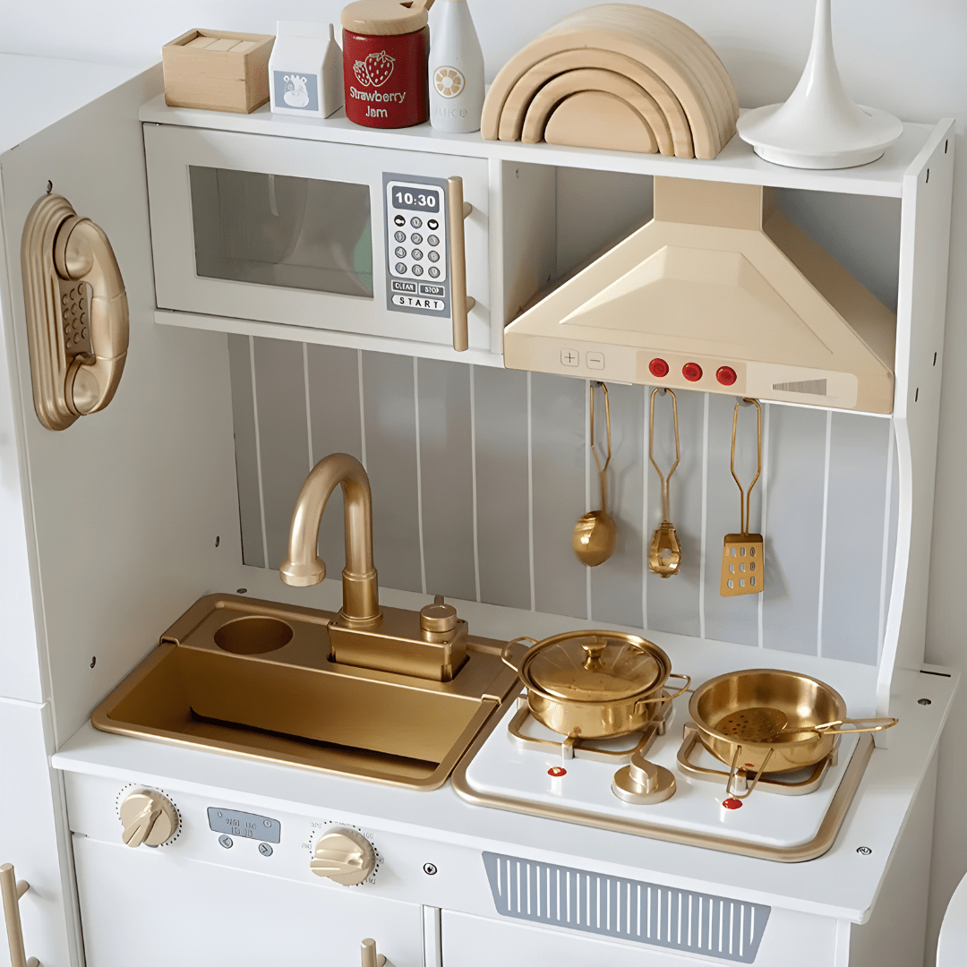 Wooden kids kitchen play set with running water, glowing stovetop, sound effects, and storage – ideal for ages 3+ in Beirut Lebanon
