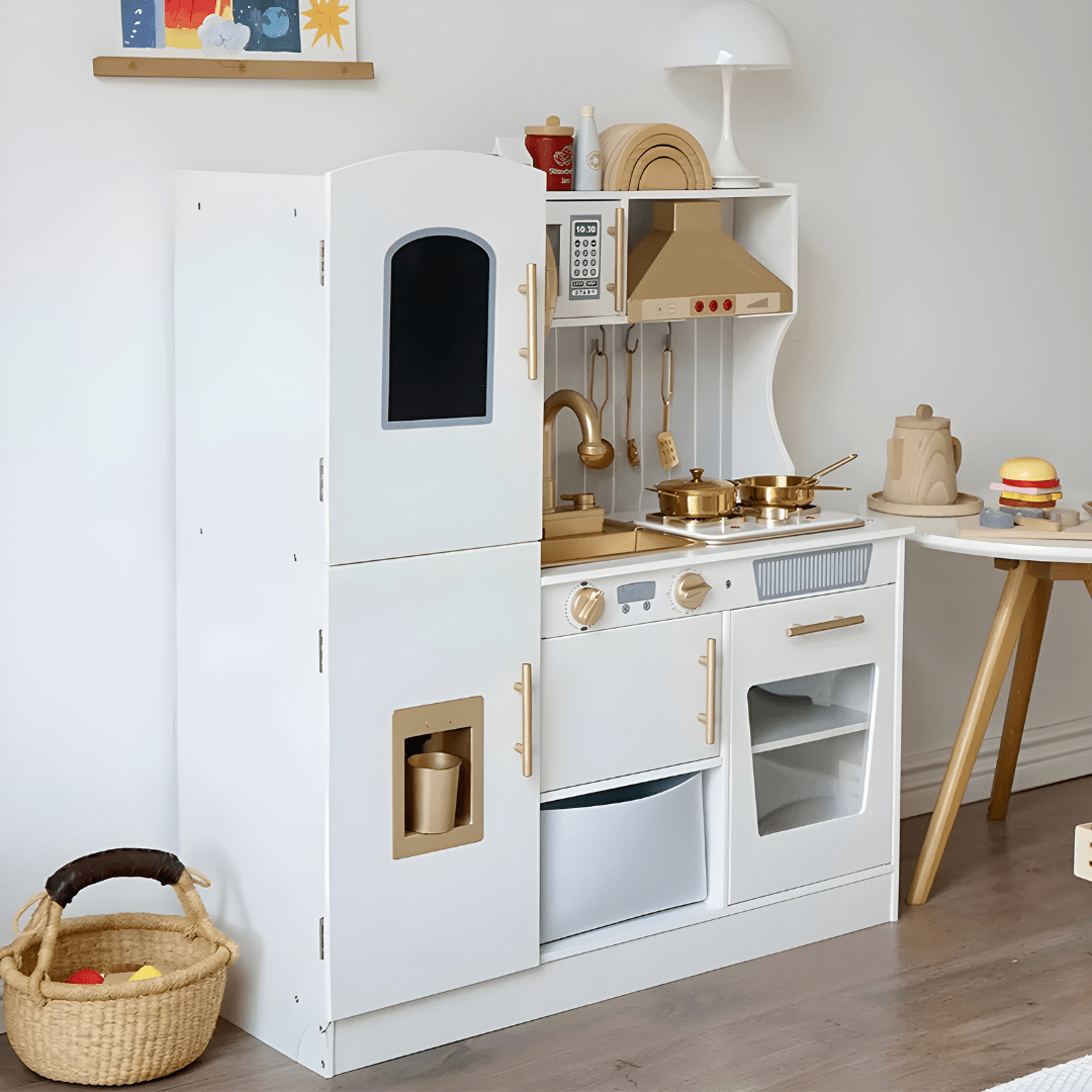 Wooden kids kitchen play set with running water, glowing stovetop, sound effects, and storage – ideal for ages 3+ in Beirut Lebanon