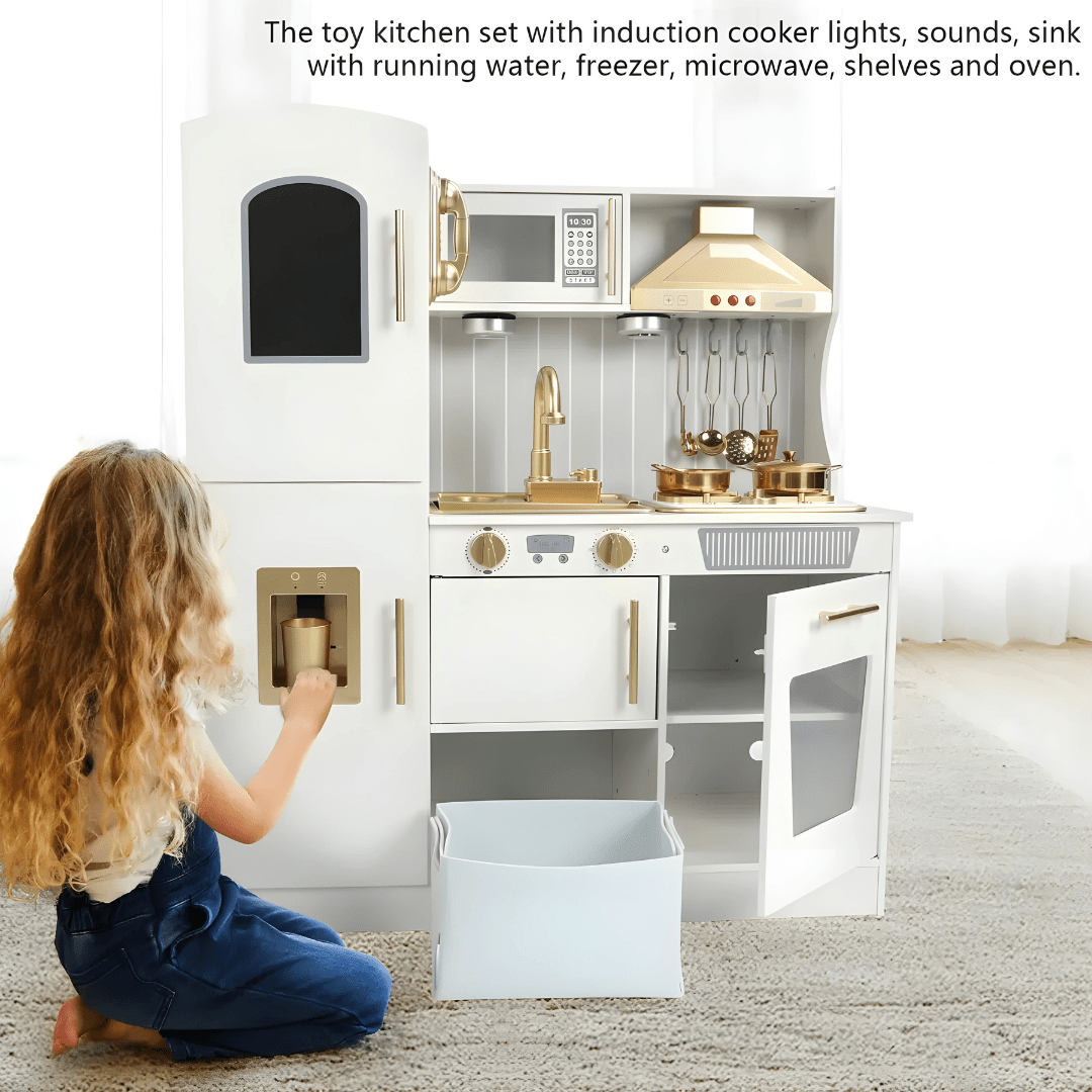 Wooden kids kitchen play set with running water, glowing stovetop, sound effects, and storage – ideal for ages 3+ in Beirut Lebanon