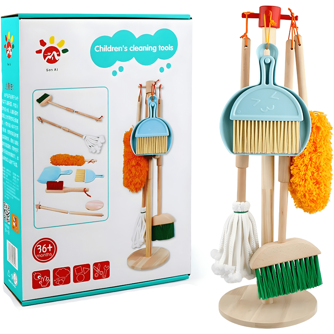 Wooden kids cleaning toy set with broom, mop, and dustpan – pretend play set for toddlers in Beirut Lebanon