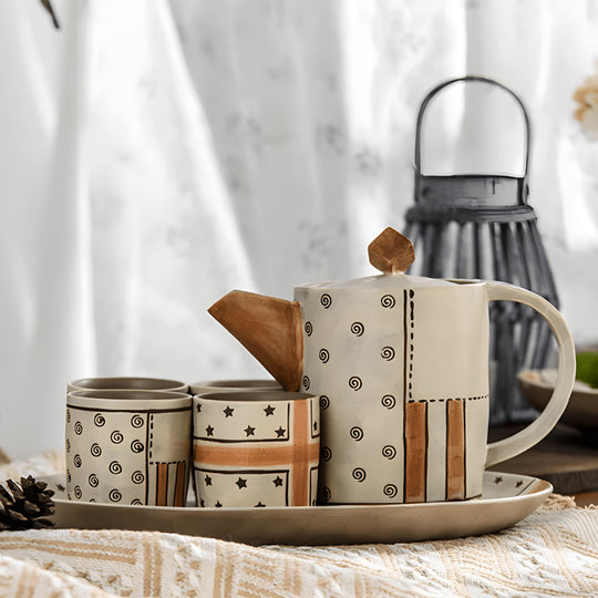 Hand-painted stoneware tea set with teapot, 4 ceramic cups, and serving tray – premium handmade Lebanese tableware, oven and microwave safe