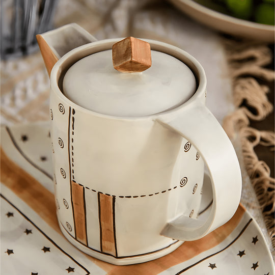 Hand-painted stoneware tea set with teapot, 4 ceramic cups, and serving tray – premium handmade Lebanese tableware, oven and microwave safe