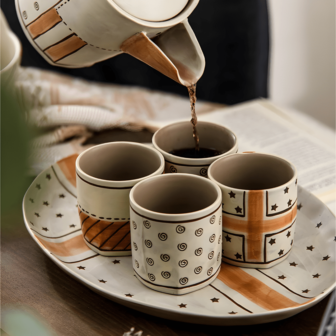 Hand-painted stoneware tea set with teapot, 4 ceramic cups, and serving tray – premium handmade Lebanese tableware, oven and microwave safe