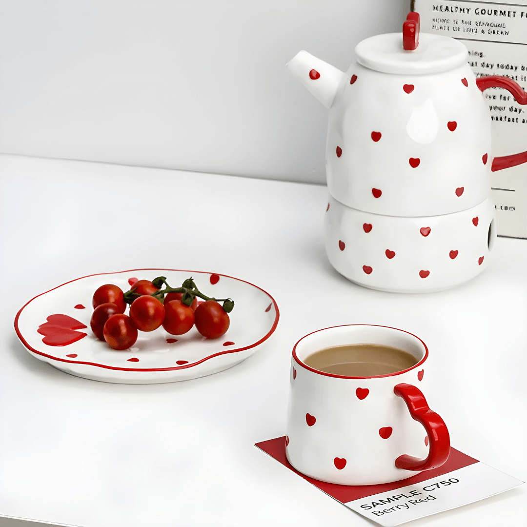 Hand-painted heart ceramic teapot set with mug, dessert plate, and candle warmer – 650ml teapot, 250ml mug, 15cm saucer – luxury tea gift set Lebanon