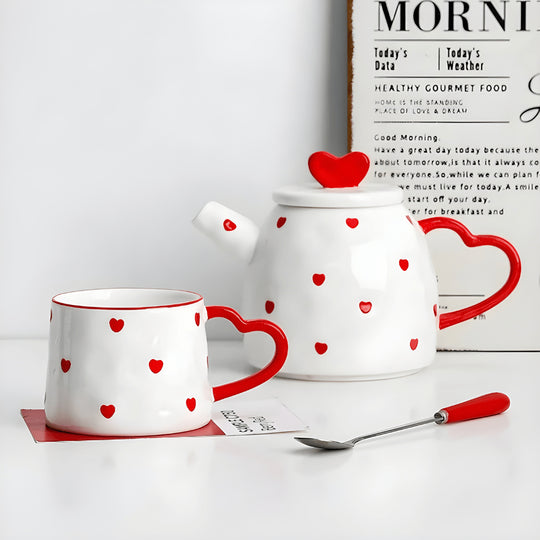 Hand-painted heart ceramic teapot set with mug, dessert plate, and candle warmer – 650ml teapot, 250ml mug, 15cm saucer – luxury tea gift set Lebanon