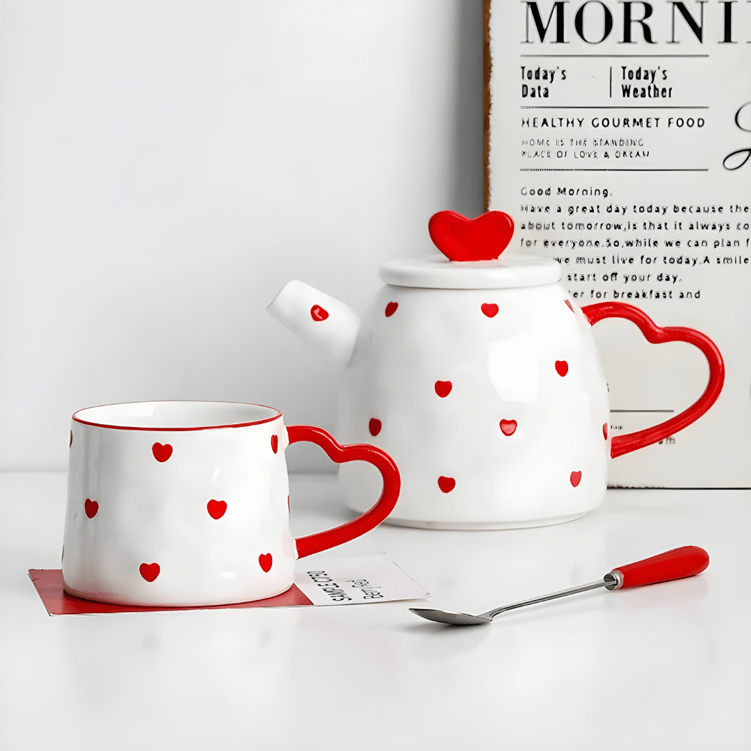 Hand-painted heart ceramic teapot set with mug, dessert plate, and candle warmer – 650ml teapot, 250ml mug, 15cm saucer – luxury tea gift set Lebanon