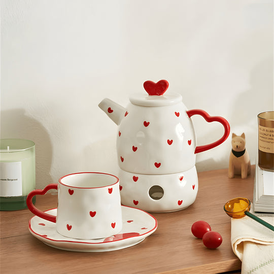 Hand-painted heart ceramic teapot set with mug, dessert plate, and candle warmer – 650ml teapot, 250ml mug, 15cm saucer – luxury tea gift set Lebanon