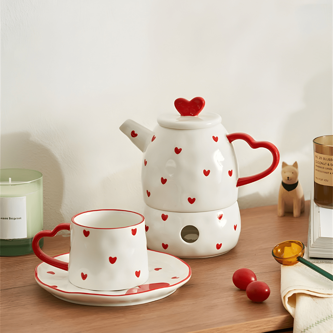 Hand-painted heart ceramic teapot set with mug, dessert plate, and candle warmer – 650ml teapot, 250ml mug, 15cm saucer – luxury tea gift set Lebanon