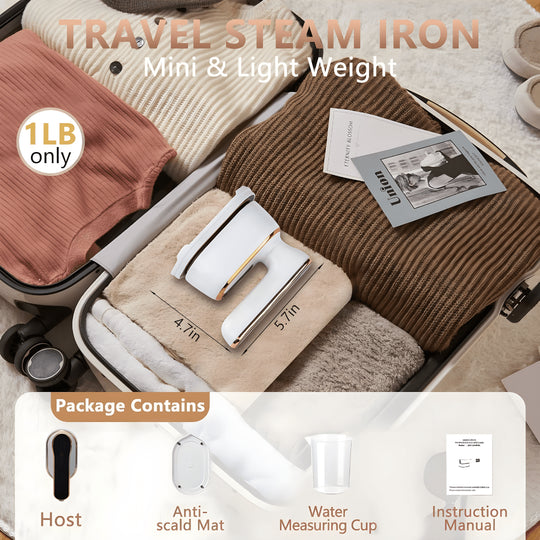 Compact foldable travel steam iron with 1000W power and ceramic plate, suitable for all fabrics, ideal for use in Beirut, Lebanon