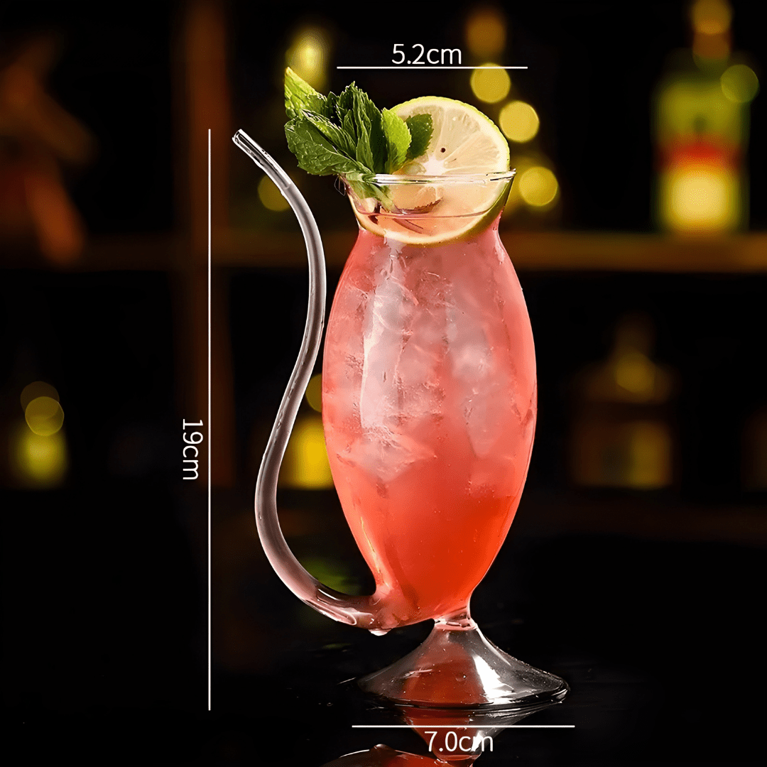 Clear 340ml glass wine or juice cup with built-in straw design, stylish and functional drinkware