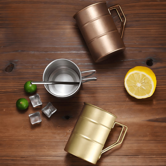 Set of stainless steel mugs (370ml) in gold, black, silver, and bronze – perfect for all beverages, durable and reusable design.