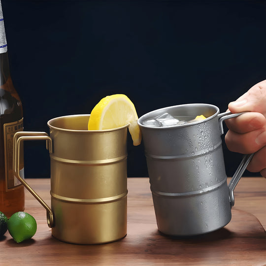 Set of stainless steel mugs (370ml) in gold, black, silver, and bronze – perfect for all beverages, durable and reusable design.