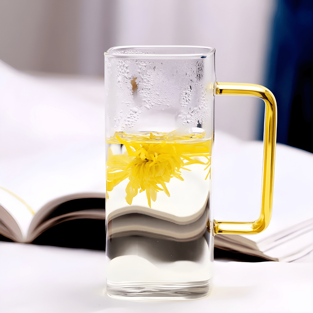 Handmade 400ml square glass mug with colorful handle – available in green, yellow, blue, and amber