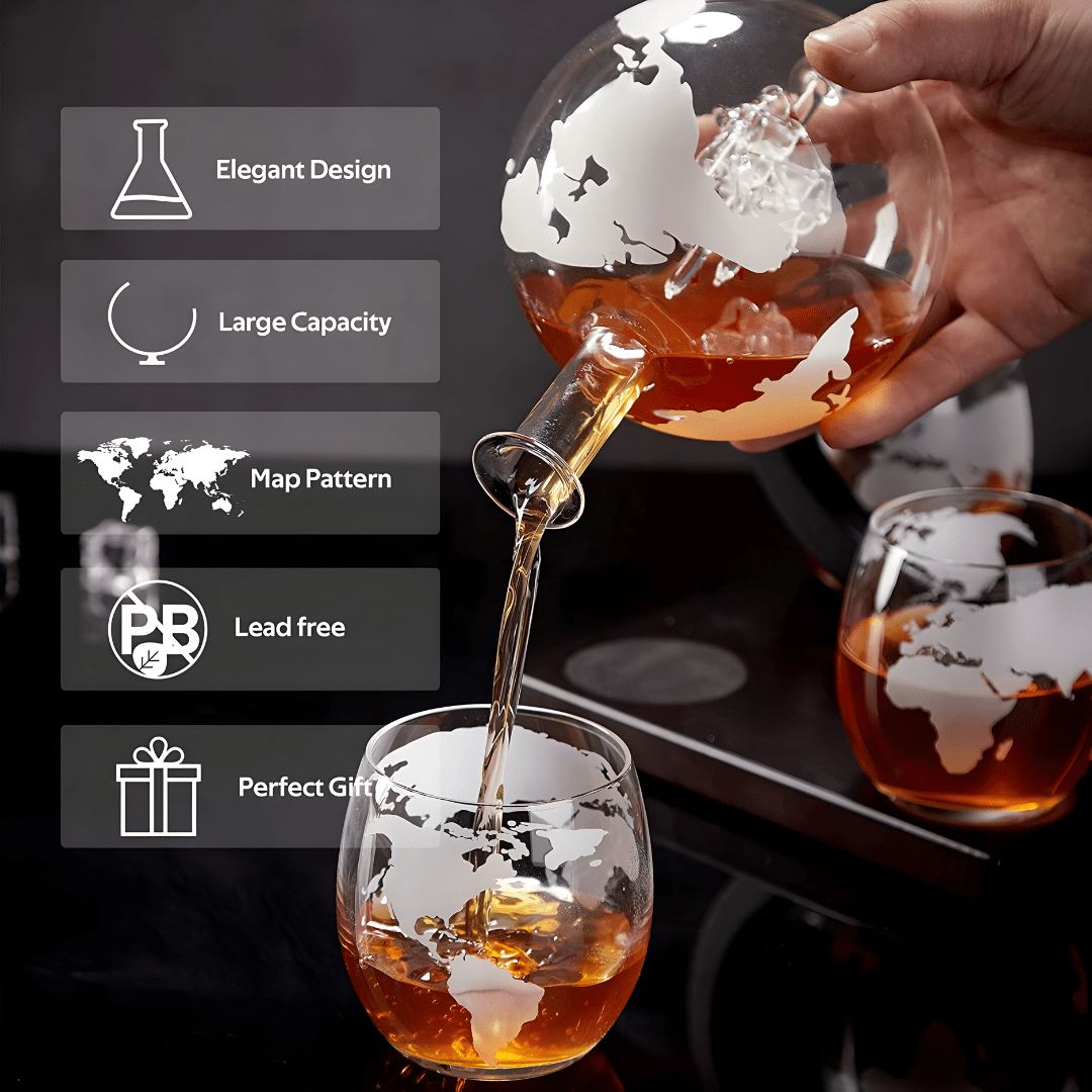Crystal clear world map globe decanter with 4 matching frosted glasses on wooden base, 850ml bottle for whiskey, wine or rum, includes antique ship design and seal stopper

