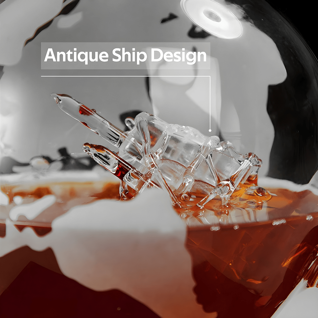 Crystal clear world map globe decanter with 4 matching frosted glasses on wooden base, 850ml bottle for whiskey, wine or rum, includes antique ship design and seal stopper

