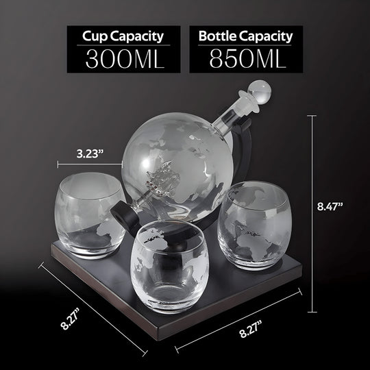 Crystal clear world map globe decanter with 4 matching frosted glasses on wooden base, 850ml bottle for whiskey, wine or rum, includes antique ship design and seal stopper


